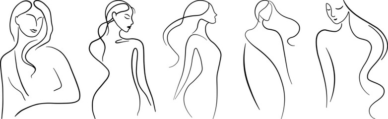 Stylized line drawings of women with various hairstyles and poses in a minimalist artistic style, can be used as logotype