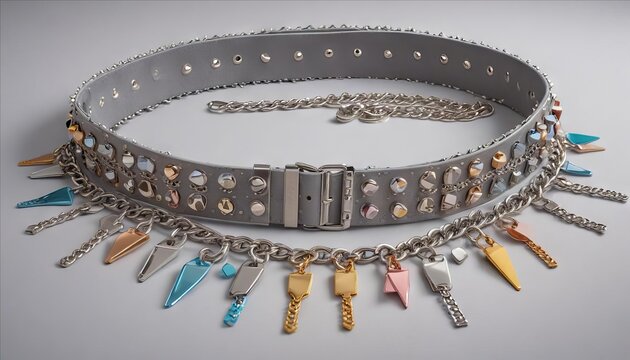 Elegant metal jewelry featuring a bracelet adorned with shiny chrome metal, closing-up of a belt, and other chrome decotation matching