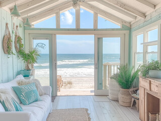 Fototapeta premium Coastal Cottage Retreat: A tranquil living space with large windows offering breathtaking ocean views, inviting you to relax and unwind. The cozy sofa, potted plants.