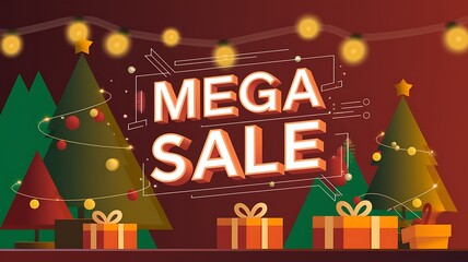 Christmas Tree Decorated with Lights and Presents with "Mega Sale" Text