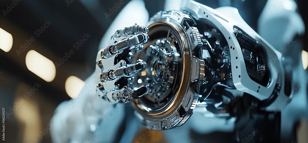 Poster Close-up of a robotic arm with a metallic hand and visible gears and mechanisms.