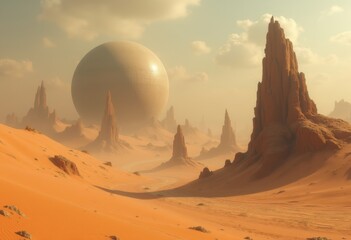 A vast desert landscape features towering rock formations and a gigantic orb under a hazy sky during the golden hour