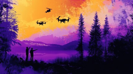 Obraz premium Drones soar above a breathtaking forest landscape, capturing the movements of wildlife with advanced technology. Their silhouettes against the vibrant sunset create a striking image symbolizing conser