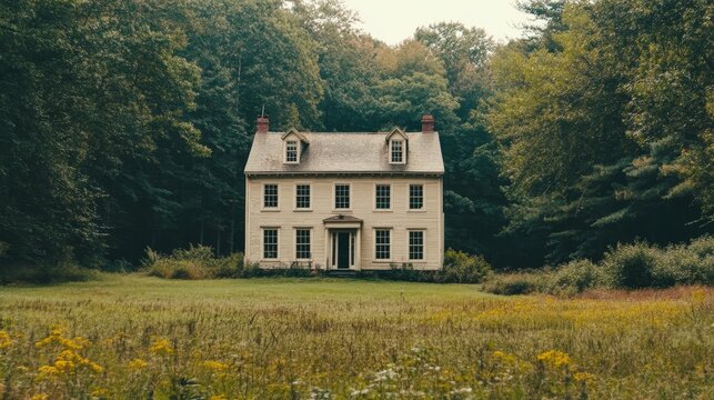 A vintage photograph of a 1660s farmhouse, nestled in the woods, evokes a sense of timelessness, mystery, and forgotten history.