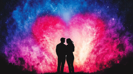 Silhouettes of a couple gazing at each other against a backdrop of a vibrant heart-shaped nebula.