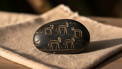 A smooth, black stone with a carved image of five animals on a white linen surface.
