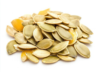 A vibrant collection of pumpkin seeds scattered artistically on a clean, white surface