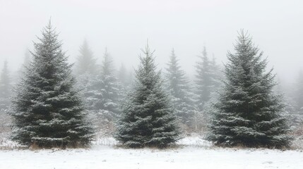Naklejka premium A captivating scene of snow-covered evergreen trees enveloped in a mystical mist, creating a serene and ethereal ambiance. The tall trees stand proudly against the white backdrop, their branches adorn