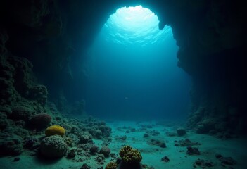 Exploring underwater caves with coral formations and shafts of light in a serene ocean landscape