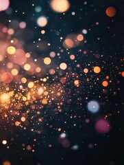 Obraz premium Abstract black background with colorful light fragments, subtle bokeh overlay effects. Lots of colorful lights, blurry cinematic sparkling particles in the air, glowy iridescence festive light effect