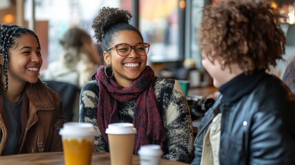 A group of friends sitting together at an outdoor café, engaging in conversation and laughing, focus on friendship, social interaction, and leisure, casual setting