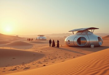 Modern futuristic homes in a vast desert landscape at sunset, showcasing innovative architecture and serene surroundings