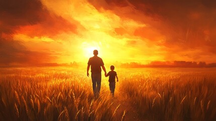 A father and son walk hand-in-hand towards a breathtaking sunset, symbolizing love, family, hope, and the passing of time.
