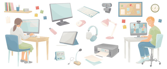 School-age boy and girl sitting at a computer and set elements about online learning - keyboard, printer, camera, microphone, tablet, stylus,screen, mouse computer