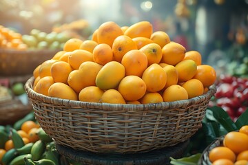 A wicker basket overflowing with ripe, yellow mangoes at a vibrant market.