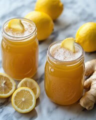 A probiotic kombucha drink sweetened with monk fruit, featuring flavors of ginger and lemon, offering a gut-friendly beverage with a natural sweetness that supports digestion