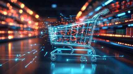 A stylized grocery cart made from glowing circuits, speeding through a virtual supermarket with data points representing rapid online grocery fulfillment and market adaptation. 