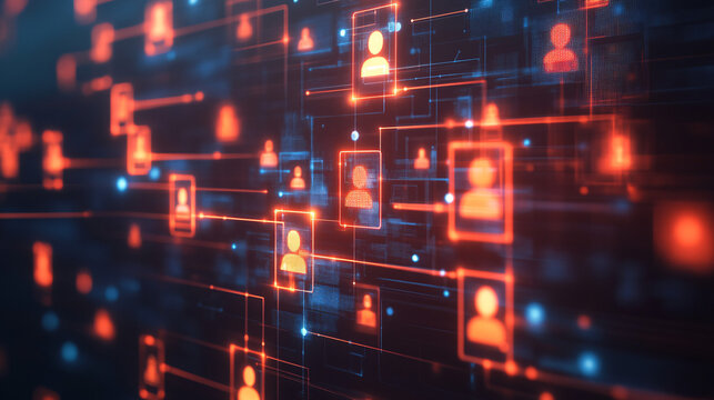 A stylized network of client profiles connected to a professional team through glowing digital lines, representing CMR strategies and seamless client communication. 