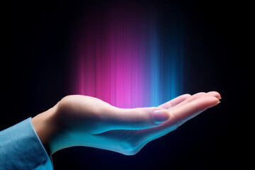 Two hands showing a sale advertisement copy space and black background with burst of colors with colorful glitter style