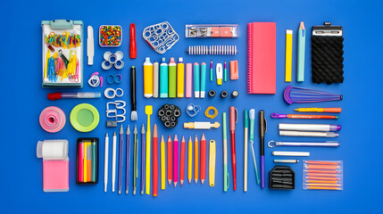 Obraz premium Eye-Catching Display of Diverse School Supplies Perfectly Positioned on a Royal Blue Background for Promotions
