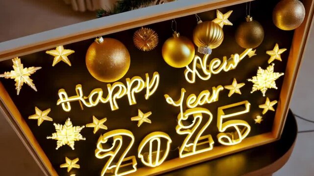 Top view of a lightbox displaying 'Happy New Year 2025,' surrounded by golden Christmas balls and stars, creating a festive New Year's Eve celebration vibe
