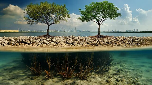 Two trees stand tall on a sandy beach, offering shade and a scenic view of the surrounding ocean