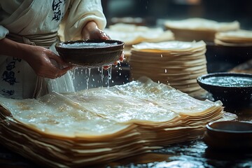 Artisan pouring water over a stack of handmade paper sheets.