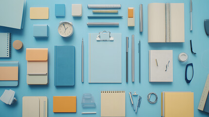 Distinct Assembly of School Supplies on a Calming Blue Background Suited for Educational Advertisements