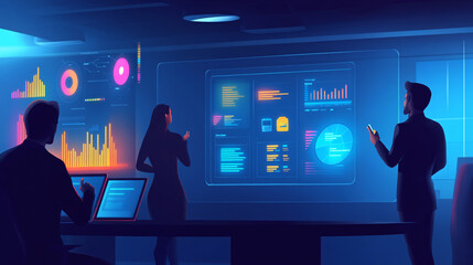 A stylized office setting where team members use smartboards and interactive dashboards to develop CMR strategies, with glowing customer feedback charts floating in the background. 