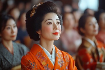 Fototapeta premium A Japanese woman in a vibrant kimono exudes elegance and contemplation.