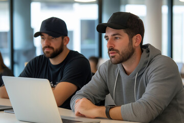 Two men focused on their laptops in a modern workspace during a collaborative session