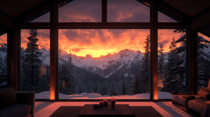 Cozy cabin with a breathtaking view of a snowy mountain range at sunset.