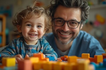 Father and son share a playful moment with building blocks.