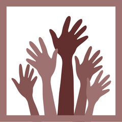 Multiethnic hands up symbolizing black lives, voting, 3D layered paper cut style, vector illustration. Silhouette Shadow box eps. Vector layout template for greeting card, poster, invitation