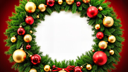 Christmas Wreath with Ornaments on Red Background