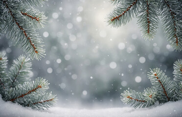 soft gray Christmas background with a snow-dusted evergreen frame