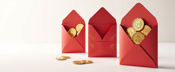 A red envelope with gold coins inside. The coins are scattered around the envelope, creating a sense of abundance and prosperity. Concept of good fortune and wealth