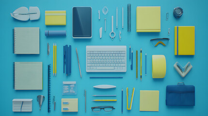 Distinct Assembly of School Supplies on a Calming Blue Background Suited for Educational Advertisements