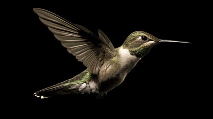 Obraz premium A high-resolution photograph of a hummingbird in flight against a black background, showcasing its vibrant green and white feathers, long beak, and delicate wings.
