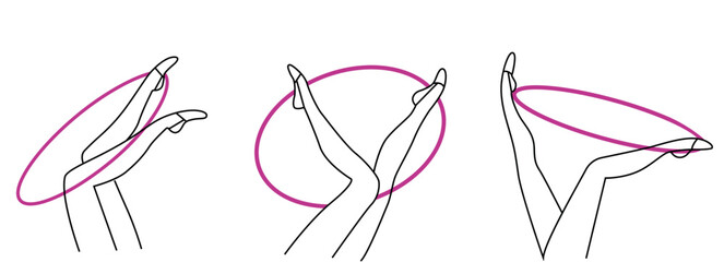Vector set of three pair of legs of rhythmic gymnasts holding hoops, line art style