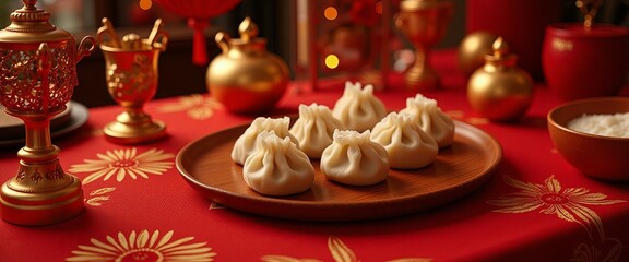 A table with a red tablecloth and a variety of Asian food, including dumplings and other dishes
