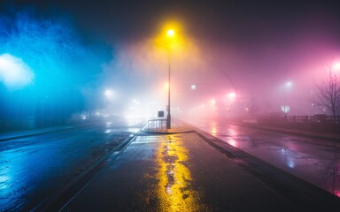 street lamp in the fog A foggy city street with colorful streetlights reflecting in the wet pavement.