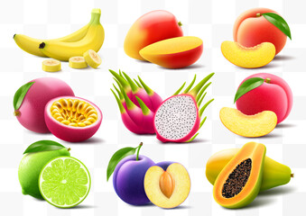 Set of exotic fruits banana, mango, peach, passion fruit, papaya, plum, lime, dragon fruit and passion fruit isolated on white background. Whole and pieces of juicy fruit. Realistic 3d vector design