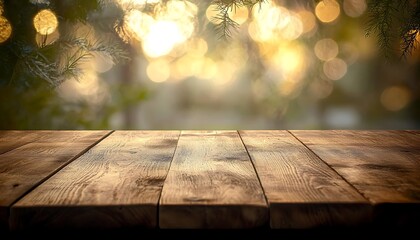 An empty wooden table set against an abstract blurred backdrop, suitable for product displays in a caf?(C).