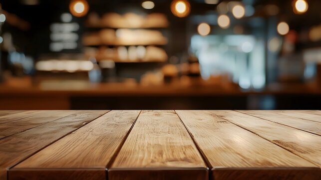 An empty wooden table in front of a softly blurred background for a caf?(C) product display.