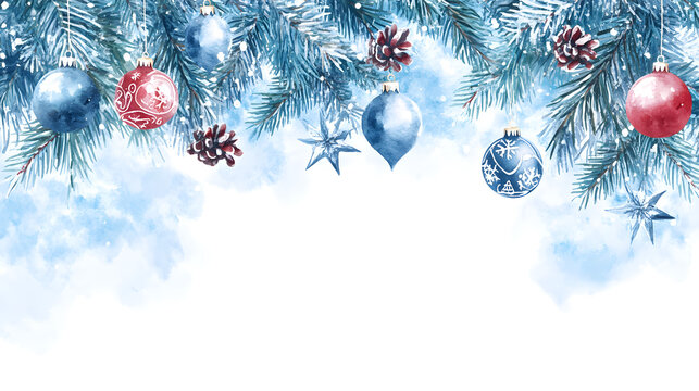 Exquisite Watercolor Vector Christmas Banner with Fir Branches and Space for Custom Text, Ideal for Holiday Celebrations