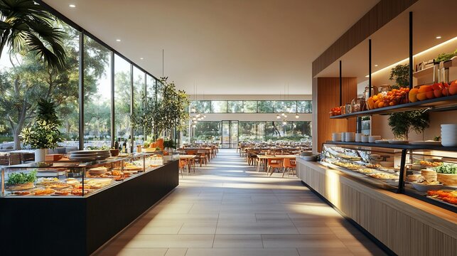 Modern restaurant interior with large windows and a buffet serving line.