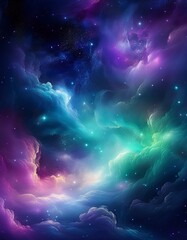 A swirling nebula of vibrant blues, pinks, and greens fills the night sky, a cosmic dance of light and color.