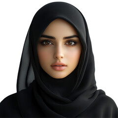 Naklejka premium Portrait Serenity, woman in black headscarf, soft expression, bright eyes, minimal background, focus on elegance. Isolated on white background or PNG