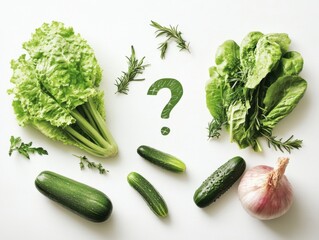 Minimalist fresh vegetables display with greenery and garlic for healthy living concept